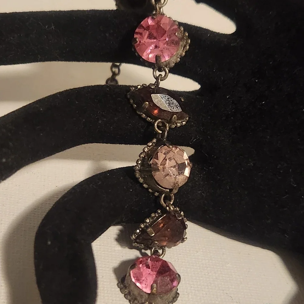 Vintage Style Pink purple Rhinestone Toggle Link Bracelet‎ Antiqued Silver Tone